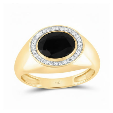 The 10k Gold Diamond Onyx Black Men’s Ring 1/6 CTTW features a bold oval black onyx centerpiece, surrounded by sparkling diamonds, and has “10K” engraved on the inner band.