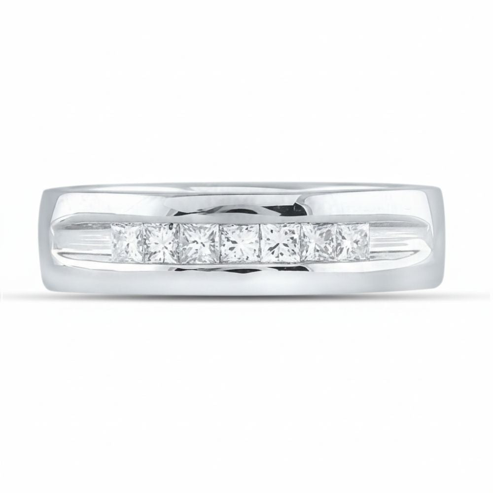 The 14k White Gold Princess Diamond Wedding Band 1/2 Cttw features five square-cut princess diamonds set in a single row channel setting.