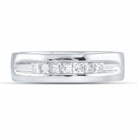 The 14k White Gold Princess Diamond Wedding Band 1/2 Cttw features five square-cut princess diamonds set in a single row channel setting.