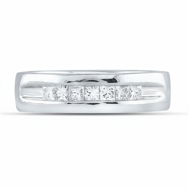 The 14k White Gold Princess Diamond Wedding Band 1/2 Cttw features five square-cut princess diamonds set in a single row channel setting.