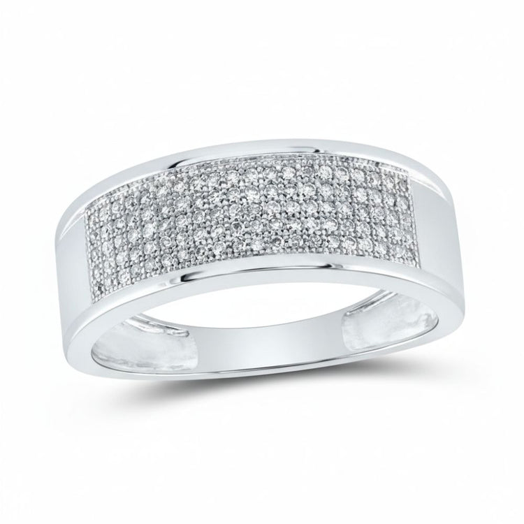 The 10k White Gold Round Diamond Micropave Wedding Band features a wide, polished band with a rectangular panel set with round diamond micropave.