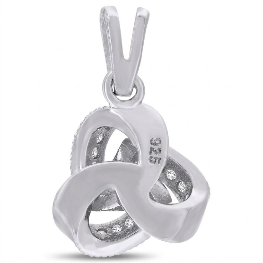 The 925 Sterling Silver Womens Love Knot Pendant features a silver trinity design with cubic-zirconia gemstones and "925" stamped on the side, symbolizing genuine sterling silver.