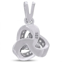 The 925 Sterling Silver Womens Love Knot Pendant features a silver trinity design with cubic-zirconia gemstones and "925" stamped on the side, symbolizing genuine sterling silver.