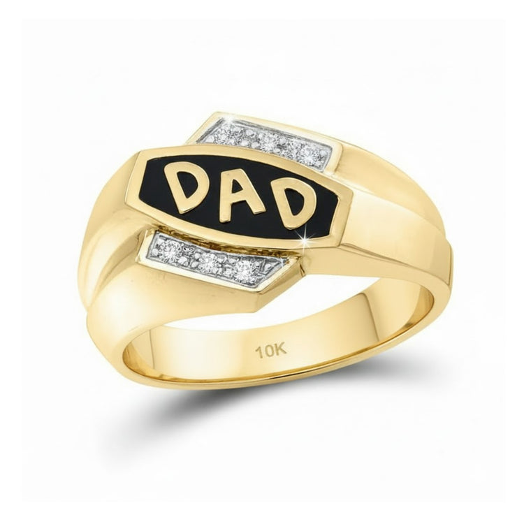 The 10K Gold Diamond Dad Father Ring .01 Cttw features bold "Dad" letters on a black background, accented with small diamonds on each side and "10K" engraved inside—making it a meaningful keepsake for fathers.