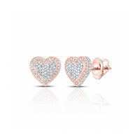 1/2CTW Diamond Heart Earrings in 10K Gold feature rose gold edges and a diamond-encrusted heart design, shown with one earring front-facing and the other displaying its secure screw-back closure.