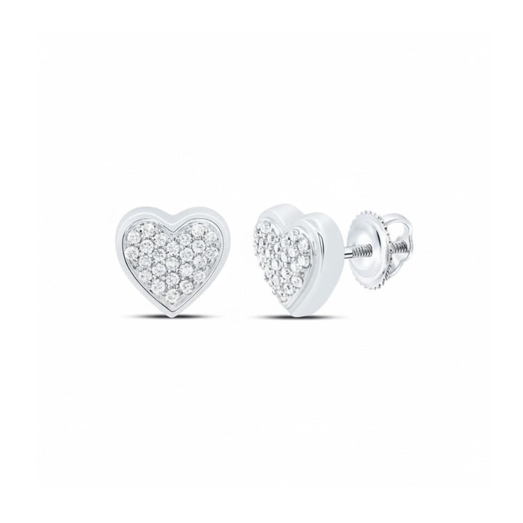 The 1/8CT Diamond Heart Earrings in 10K Gold feature natural diamonds in a pavé setting, displayed from both front and side views.
