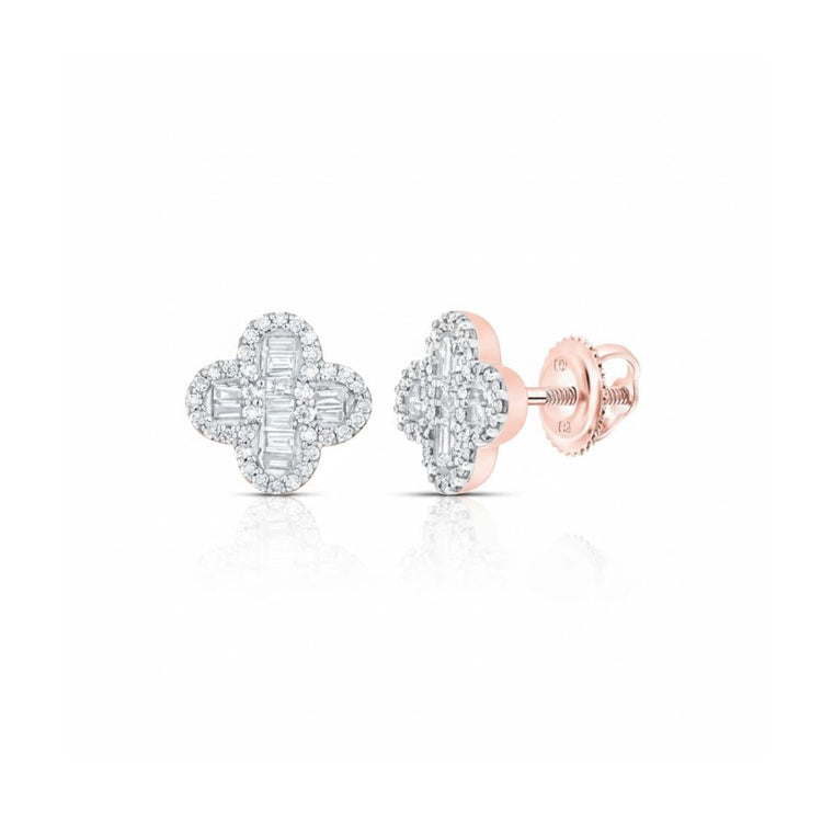 Elegant 3/8CTW Natural Diamond Clover Earrings in 10k Gold feature baguette and round diamonds in a white gold center with rose gold backing and secure screw posts, offering timeless charm.