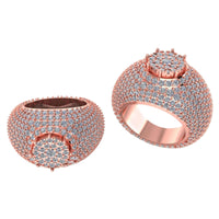 Two Domed Pavé Diamond Rings – 5.84 CT Gold Design are shown from different angles on a white background, featuring a raised circular cluster setting and lab-grown diamonds in rose gold.