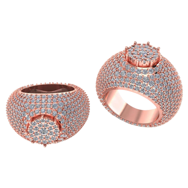 Two Domed Pavé Diamond Rings – 5.84 CT Gold Design are shown from different angles on a white background, featuring a raised circular cluster setting and lab-grown diamonds in rose gold.
