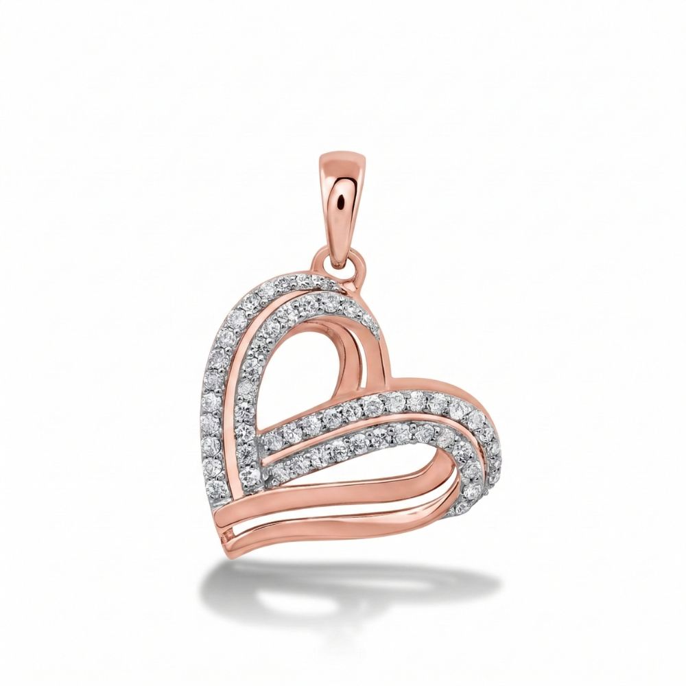The 1/3CTW Diamond Gift Heart Pendant in 10K gold features two overlapping heart bands, one adorned with natural diamonds, creating a stunning heart-shaped pendant against a plain white background.