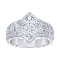 The 0.97ct Moissanite Cross Religious Ring features a shimmering silver band adorned with sparkling stones and a central cross motif—an ideal choice for those seeking elegant spiritual jewelry.