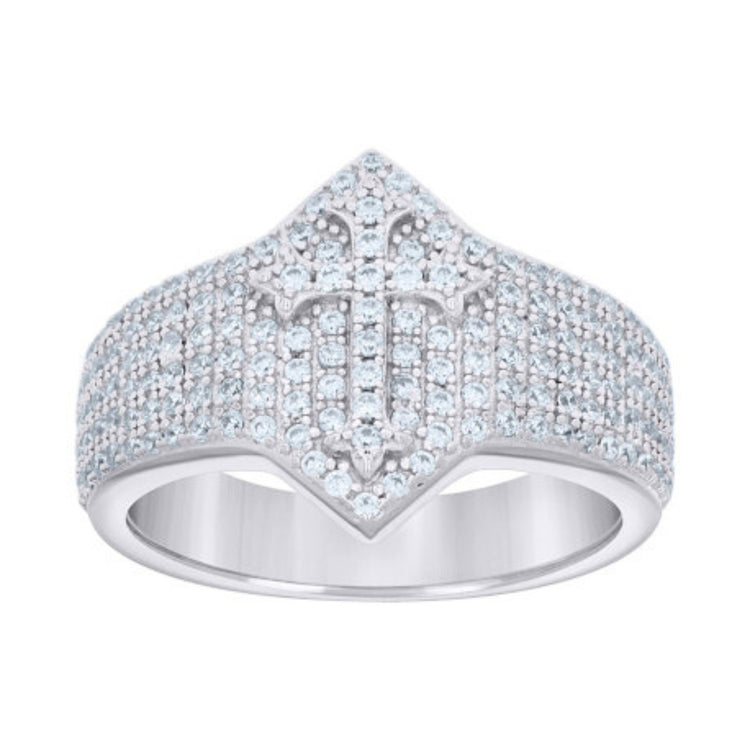 The 0.97ct Moissanite Cross Religious Ring features a shimmering silver band adorned with sparkling stones and a central cross motif—an ideal choice for those seeking elegant spiritual jewelry.