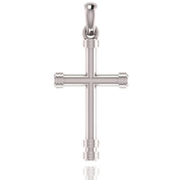 A 14k gold cylindrical cross pendant with smooth bars and grooved accents at each end, shown against a white background. The pendant features a loop at the top for attaching to a necklace chain.
