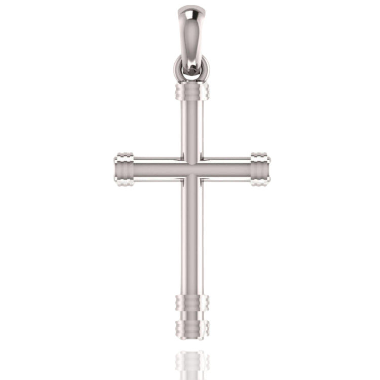 A 14k gold cylindrical cross pendant with smooth bars and grooved accents at each end, shown against a white background. The pendant features a loop at the top for attaching to a necklace chain.