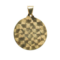 The Lady Charity Round Ornamental Pendant is crafted in 10K solid gold for men, featuring a geometric brushed pattern, small triangular bail, and shiny surface that adds elegance.