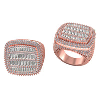 The Cushion Baguette Diamond Ring – 6.07 CT Gold Design features a rose gold square face with rows of lab-grown diamonds and clear gemstones in geometric patterns, displayed from angled and top-down views on a white background.