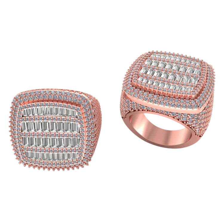 The Cushion Baguette Diamond Ring – 6.07 CT Gold Design features a rose gold square face with rows of lab-grown diamonds and clear gemstones in geometric patterns, displayed from angled and top-down views on a white background.