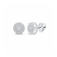 A pair of 10k gold round diamond cluster earrings, 1 cttw, with screw-back closure is displayed from the front and side on a white background.