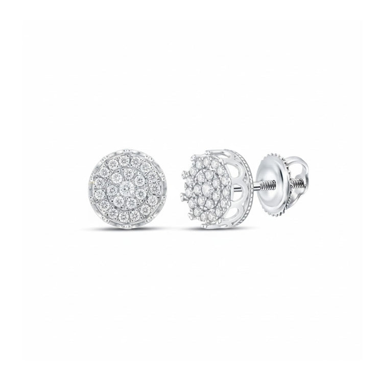 A pair of 10k gold round diamond cluster earrings, 1 cttw, with screw-back closure is displayed from the front and side on a white background.