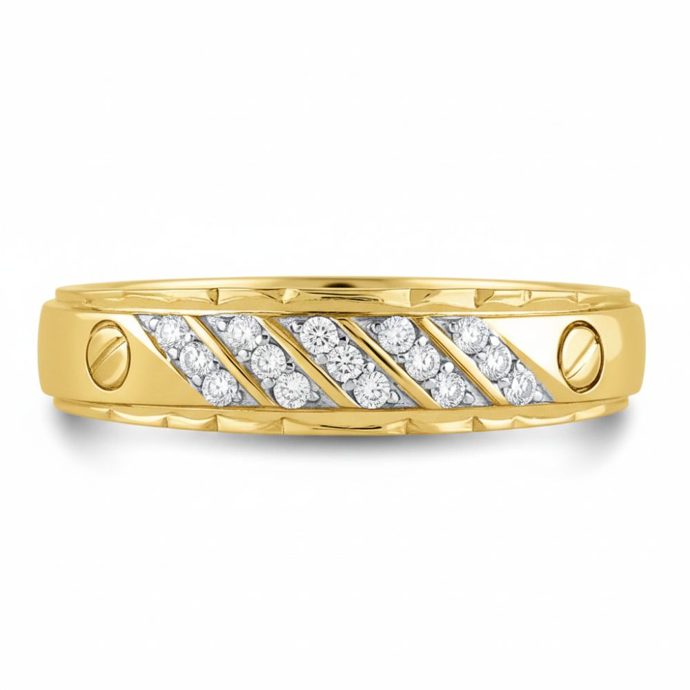 The 10K Yellow Gold 1/5 CTW Diamond Wedding Band features diagonal rows of small round diamonds set in the center with two screw-like accents on each side, shown against a white background.