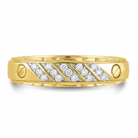 The 10K Yellow Gold 1/5 CTW Diamond Wedding Band features diagonal rows of small round diamonds set in the center with two screw-like accents on each side, shown against a white background.