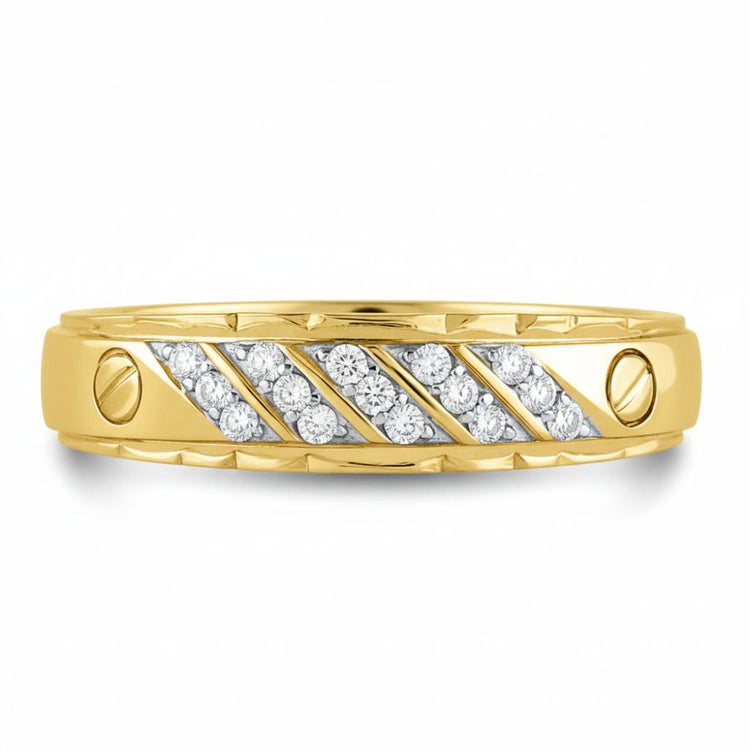 The 10K Yellow Gold 1/5 CTW Diamond Wedding Band features diagonal rows of small round diamonds set in the center with two screw-like accents on each side, shown against a white background.