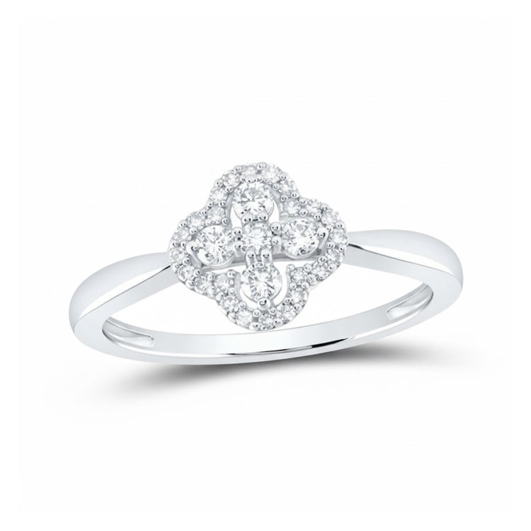 The 10k White & Rose Gold Diamond Clover Ring 1/4 Cttw features a floral-inspired cluster of round diamonds on a polished band, offering elegant sparkle and unique two-tone style.