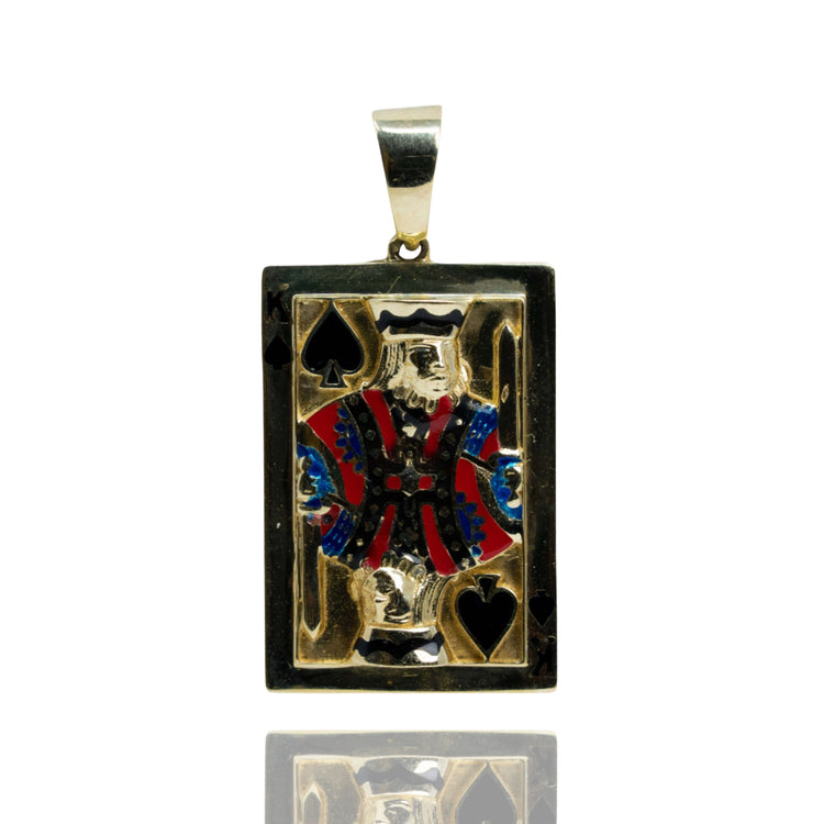 The King of Spades Card Pendant in 10K Gold – Men's Gold Pendant features the classic playing card design in black, red, blue, and gold with a metallic bail, making it a bold accessory for any chain.