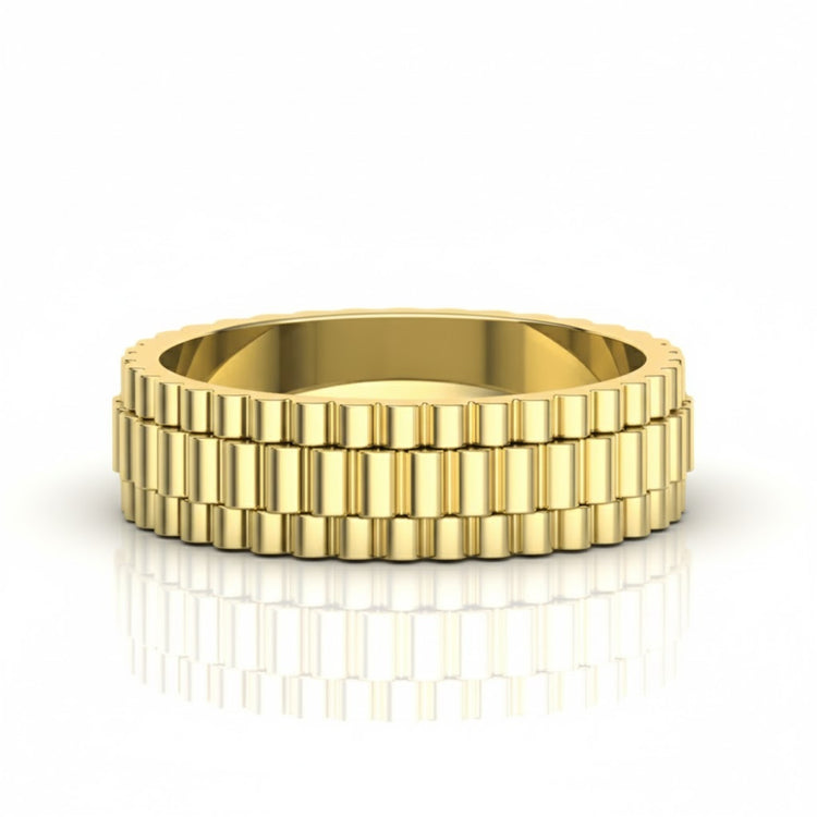 The 14k Gold Men's Link-Inspired Band Ring features a ridged geometric pattern around its band and is showcased on a white background with a subtle reflection underneath.