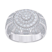 The Moissanite Round Silver Fashion Ring features multiple rows of round-cut moissanite in concentric circles, with extra stones set along its wide sterling silver band.
