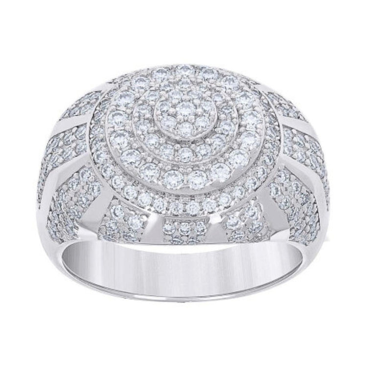 The Moissanite Round Silver Fashion Ring features multiple rows of round-cut moissanite in concentric circles, with extra stones set along its wide sterling silver band.