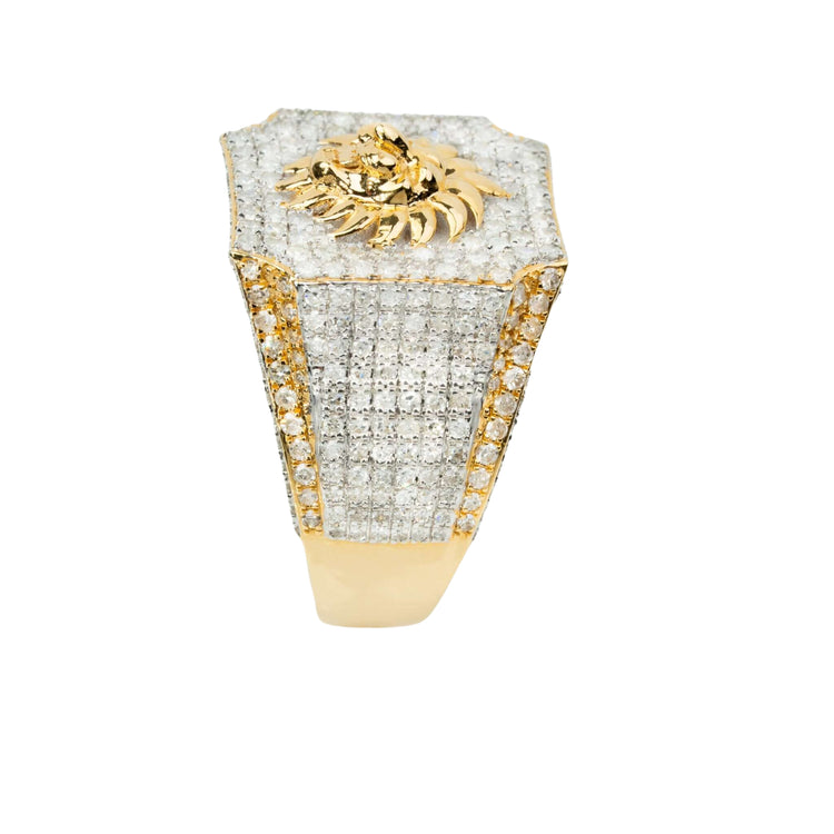 The 2.43 CTW Cluster Lion Diamond Ring in 14k gold features a bold raised lion head atop a cluster of sparkling diamonds, designed for men and displayed against a white background.