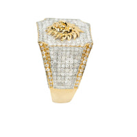 The 2.43 CTW Cluster Lion Diamond Ring in 14k gold features a bold raised lion head atop a cluster of sparkling diamonds, designed for men and displayed against a white background.