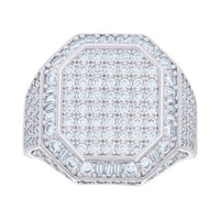 The Round Moissanite Octagon Head Fashion Ring features a silver octagonal shape with a flat top, adorned with rows of round and baguette-cut clear gemstones for a sparkling, intricate look.