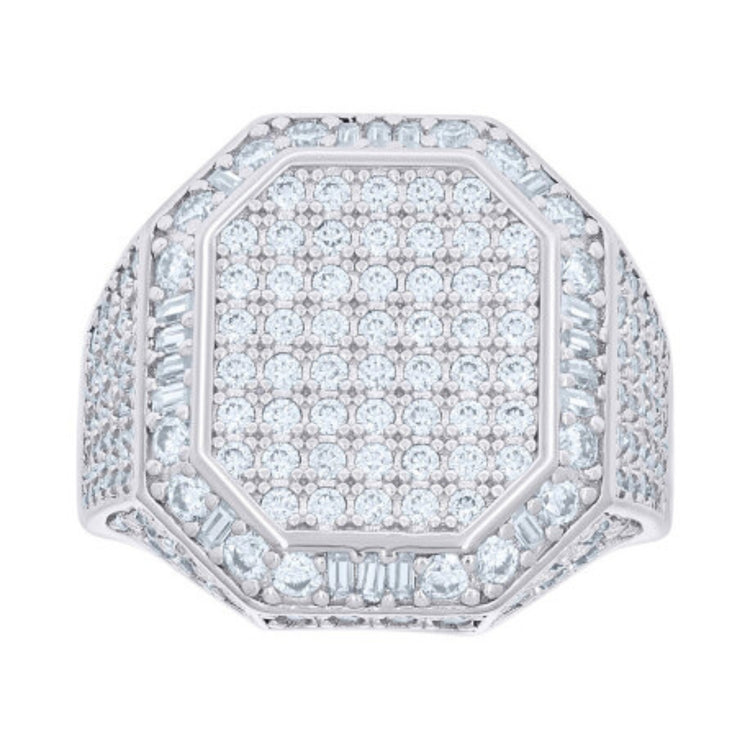 The Round Moissanite Octagon Head Fashion Ring features a silver octagonal shape with a flat top, adorned with rows of round and baguette-cut clear gemstones for a sparkling, intricate look.