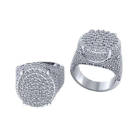 The Round Pavé Diamond Ring – 4.58 CT Gold Design is displayed side by side, showcasing its sparkling pavé diamonds and elegant gold-inspired style from both top and side views against a white background.