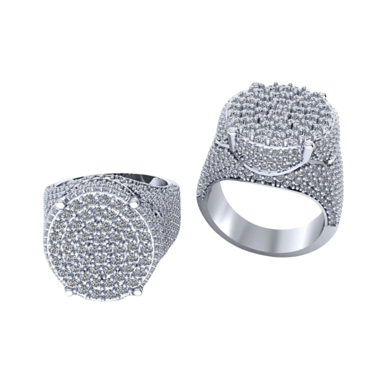 The Round Pavé Diamond Ring – 4.58 CT Gold Design is displayed side by side, showcasing its sparkling pavé diamonds and elegant gold-inspired style from both top and side views against a white background.