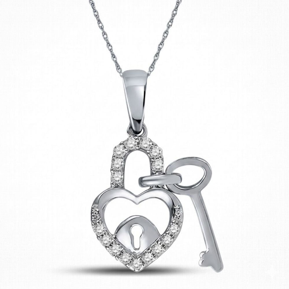 The 10k Gold Diamond Heart Lock Key Pendant (1/10 CTTW) features a gold heart-shaped lock pendant with sparkling diamonds and a matching key charm alongside it.