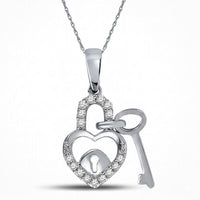 The 10k Gold Diamond Heart Lock Key Pendant (1/10 CTTW) features a gold heart-shaped lock pendant with sparkling diamonds and a matching key charm alongside it.