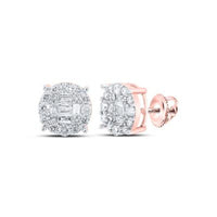 10k Gold Baguette Diamond Cluster Earrings (5/8 CTTW) in a round design with screw-back posts, crafted in rose gold and shown on a white background.