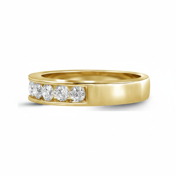 The 14k Gold Round Diamond Wedding Channel Set Band 1 Cttw features five round diamonds set in a row along the top, displayed on a plain white background.