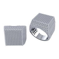 Two Cube Pavé Diamond Ring – 5.50 CT Men's Gold Design rings with bold, square forms are fully encrusted with small diamonds and displayed side by side on a white background.