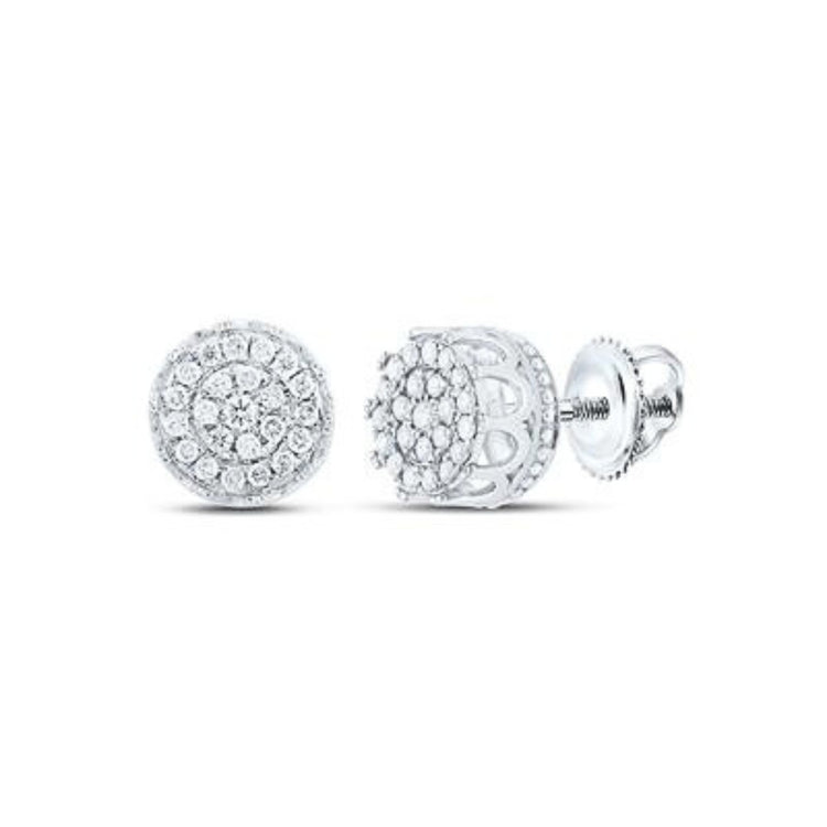 The 10K Gold Diamond Cluster Earrings 1/4 CTTW feature round diamonds in a floral cluster design with screw-back closures, displayed from the front and side on a white background.