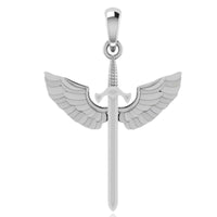 The 14k Gold Winged Sword Pendant features a sleek gold sword with detailed, outstretched wings on each side of the hilt, elegantly hanging from a small loop at the top.