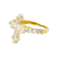 The 10k Pincky Natural Diamond Cross Ring showcases a striking diamond cross with small clear gemstones and extra stones set along part of the band, presented on a white background.
