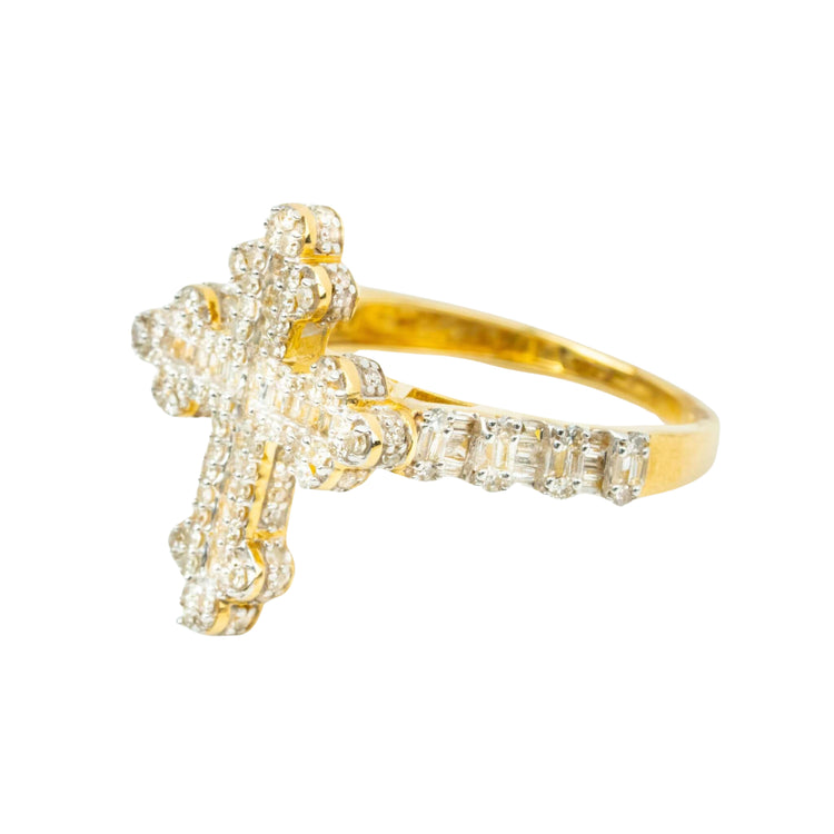 The 10k Pincky Natural Diamond Cross Ring showcases a striking diamond cross with small clear gemstones and extra stones set along part of the band, presented on a white background.