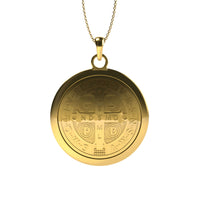The 14k Gold Saint Benedict Pendant features the iconic medal design with engraved Latin inscriptions and religious symbols on its circular gold face.