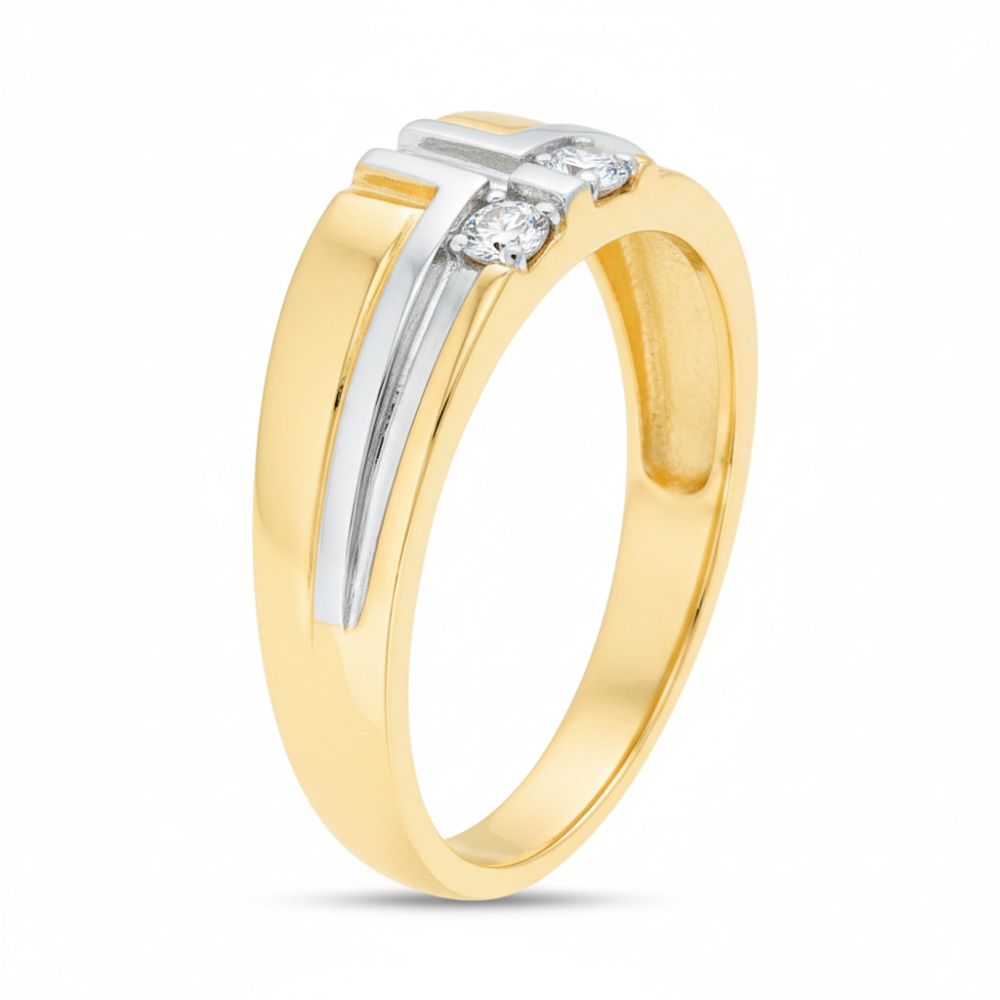 The 10k Two-Tone Gold Diamond Wedding Band – 1/8 Cttw features a flat top, two small diamonds, silver accents, and a thick polished band for a contemporary, elegant style.