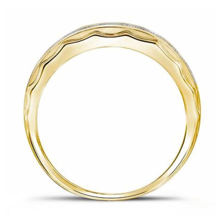 The 10k Gold Diamond Scalloped Wedding Band 1/5 Cttw features a smooth, polished finish and a subtle wavy scalloped edge, shown from the side against a white background.