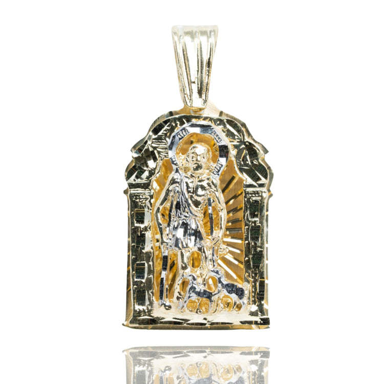 The St. Lazarus Men's Pendant – 10K Solid Gold features a raised image of St. Lazarus with staff, framed by an arched design with sunburst rays, shown here on a white background.